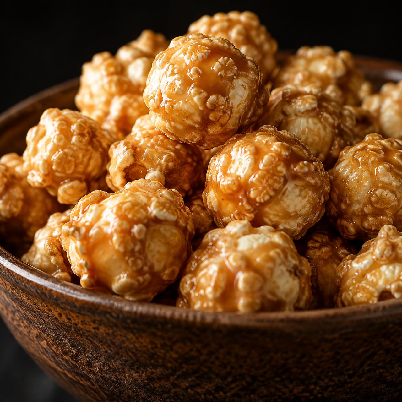 Close-up of round caramel-coated gourmet popcorn